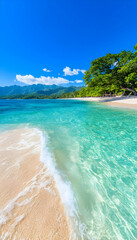 Obraz premium Turquoise water washes up on a white sand beach in tropical paradise on vacation. Generative AI