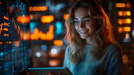 Young Caucasian woman in glasses smiling while working at night, illuminated by blue and orange screens showing financial data and stock market charts.