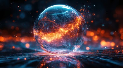 Abstract transparent glass holographic sphere with web-like iridescent filaments on an infinite illusion background, 3D rendering illustration of futuristic abstract