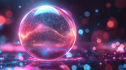 Abstract transparent glass holographic sphere with web-like iridescent filaments on an infinite illusion background, 3D rendering illustration of futuristic abstract shape