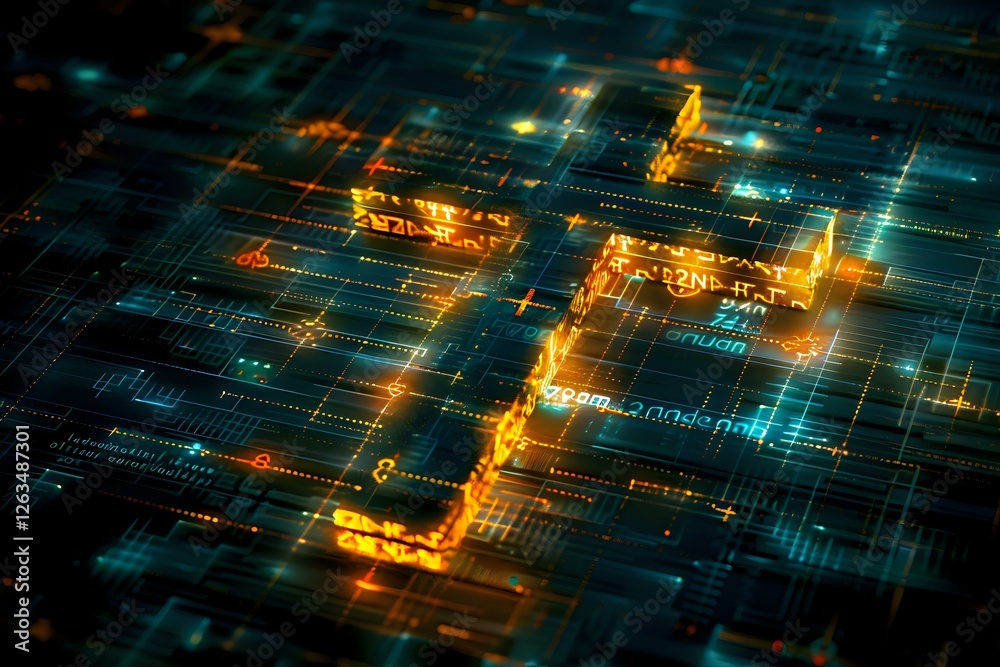 Poster abstract technology background with glowing orange and blue circuit paths on dark surface, represent