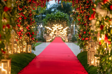 Luxurious red carpet leading to an elegant event setting