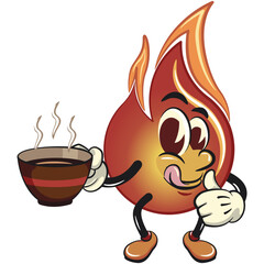 cute fire vektor illustration mascot character handing a cup of hot coffee with a thumbs up, work of hand drawn
