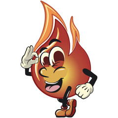 cute fire vektor illustration mascot character greet by giving oke sign, work of hand drawn