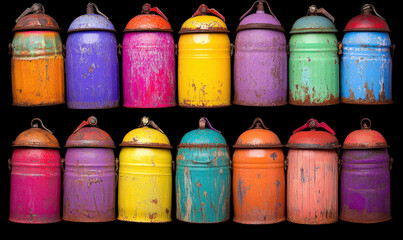 Fototapeta premium Vibrant Collection of Vintage Metal Canisters in Various Colors with Rust and Wear, Perfect for Artistic, Retro, or Rustic Themes