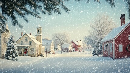 Fototapeta premium Charming Village in Winter Wonderland with Snow-Covered Vintage Homes