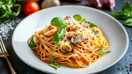 The plate of fettuccine pasta with octopus and seafood in a creamy white wine sauce, garnished with fresh greens and Parmesan. 

