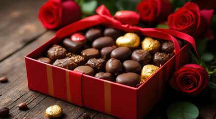 A variety of chocolates are beautifully arranged in a box, with a large red ribbon on top, surrounded by bright red roses and green leaves, creating a romantic and luxurious atmosphere.