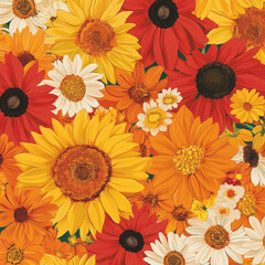 Obraz premium A bright, cheerful floral illustration with large sunflowers, marigolds, and daisies in vibrant colors like yellow, orange, and red. The playful design creates an uplifting and warm atmosphere.