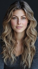 Naklejka premium A young woman with long, wavy hair and a natural look, smiling against a dark background.