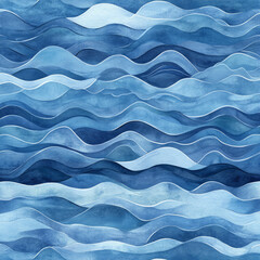 Obraz premium A seamless watercolor ocean waves illustration with subtle transitions from light blue to deep indigo, capturing the changing hues of the sea. Soft, flowing lines evoke a tranquil marine environment.