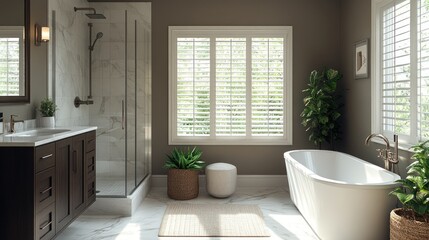 Modern bathroom interior with bathtub, shower, and natural light