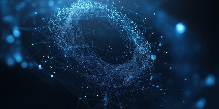 Vivid blue 3D render of an abstract, futuristic tech-scape. Close-up on a circular web of intricate lines and dots weaving a multidimensional tapestry