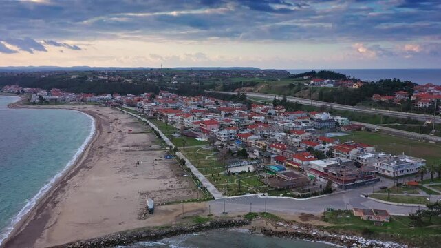 Aerial view at Nea Potidea canal, which connects Toroneos Bay with the Gulf of Thermaikos. Greece, Kassandra, Halkidiki
