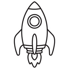 black and white outline drawing of a rocket with a classic design 