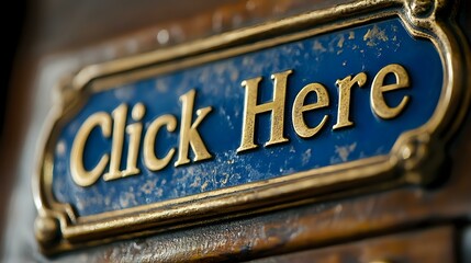Vintage brass click here sign with blue patina background and ornate frame details, shallow depth of field creates nostalgic mood for web design and UI elements.