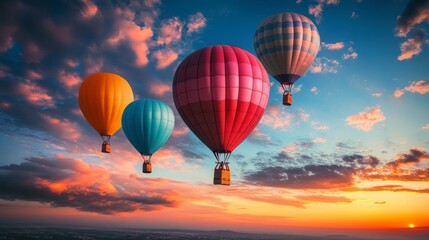 Obraz premium Colorful Balloons Floating Against a Stunning Sunset Sky