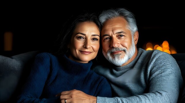 Mature interracial couple embracing on sofa at night, senior Asian woman and bearded Caucasian man in sweaters sharing intimate moment together.
