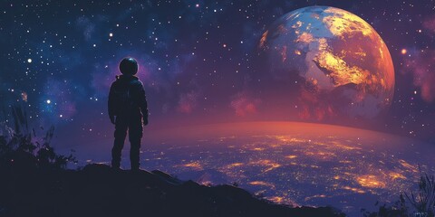 Obraz premium Astronaut standing on a hill gazes at a distant planet