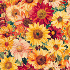 Obraz premium A bright and energetic floral illustration with large, vivid sunflowers, daisies, and marigolds in shades of yellow, orange, and red. The lively design brings warmth and cheer to any design project,