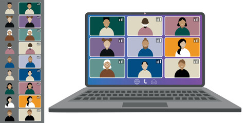 Video call conference, working from home. Colleagues of different nationalities and ages talk to each other on the laptop screen. Isolated illustration on white background in flat style trendy colors