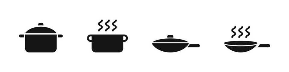 Cooking pan. Frying pan and pan set icons. Cooking , Roasting food icons.