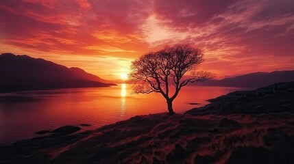Fototapeta premium A majestic tree stands on a hill, offering a breathtaking view of a serene lake at sunset, showcasing nature's beauty and tranquility.