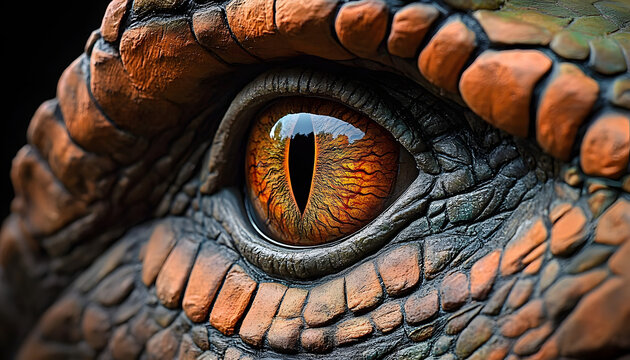 hyperrealistic closeup of trex eye reptilian texture fierce gaze prehistoric jungle reflection dramatic lights paleontologyinspired element