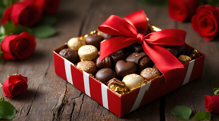 Chocolates in a red and white striped gift box, surrounded by fresh red roses and green leaves, creating a romantic and luxurious atmosphere.