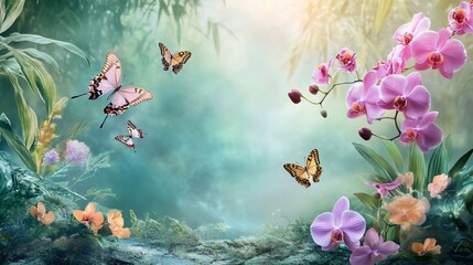 Serene Butterfly Garden: Orchids, Butterflies, and Lush Greenery in a Tranquil Setting
