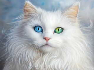 Heterochromia-Cat with different colored eyes. Long haired, white, cat with one blue eye and one green. Heterochromia cats are fairly rare and usually have one blue eye. Great image for so many uses.