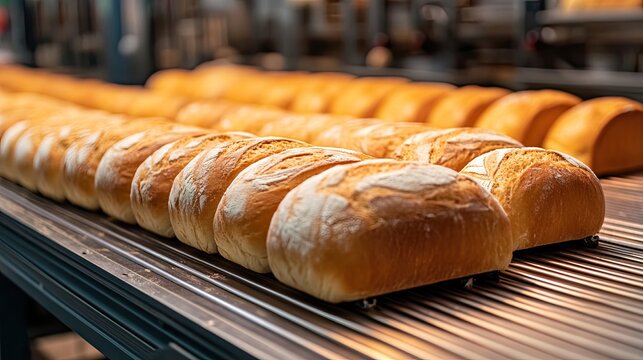 bakery production line with golden loaves of bread on a conveyor, highlighting automation and mass production. Ideal for industrial and culinary concepts