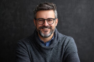 Obraz premium This image features a smiling man wearing glasses and a cozy sweater, exuding charm and warmth against a dark background, perfect for conveying happiness and approachability.