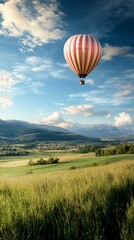 Obraz premium Hot air balloon over valley, sunset. Travel poster