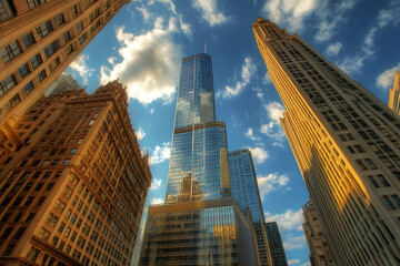 Fototapeta premium Majestic skyscrapers reaching into a bright blue sky with modern flair