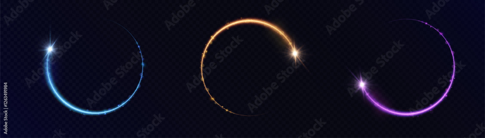 Poster Abstract light effect of glowing dust moving in a circle on a transparent background. Golden frame with space for text.