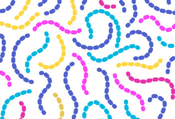 Abstract pattern with colorful dotted curved lines on a white background. Playful, modern, and dynamic design for textile, wallpaper, and decor.