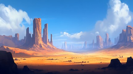 A wild and untamed desert with towering rock formations, a bright blue sky, and a sense of vast emptiness