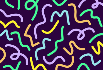 Abstract pattern with colorful curved lines on a dark background. Modern vibrant design for textile, wallpaper, wrapping paper, and digital prints.