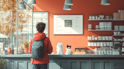 A pet store banner featuring a pet adoption moment, with a pet owner bringing home a new furry friend and selecting supplies like food, beds, and toys, set against a soft, welcoming backdrop