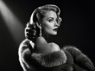 Vintage black and white portrait of a glamorous woman with elegant hairstyle and fur wrap showcasing classic beauty and sophistication