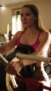 A girl training on the simulator in the gym.