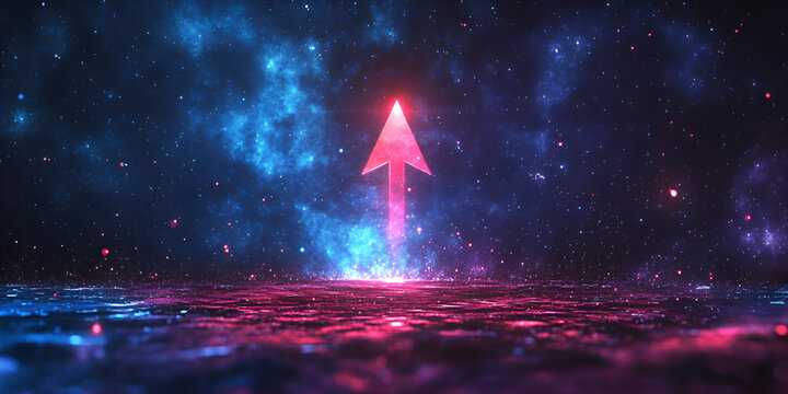 Glowing upward arrow in space with cosmic background, futuristic direction and technology