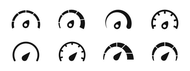 Speedometer icons. Speed indicator. Speedometers icons set. Speed guage. Risk indicator. Risk meter