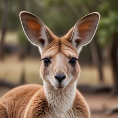 Close up portrait of a female kangaroo with perked ears and a softly blurred background