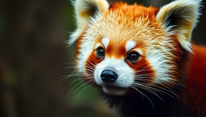 Obraz premium Portrait of a red panda, focusing on her inquisitive eyes, fluffy striped tail, and the vibrant tones of her fur, with a blurred woodland background
