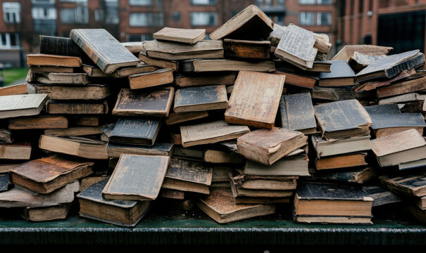 Pile of Old Books with Worn Covers Stacked in Outdoor Environment Creating a Nostalgic and Timeless Literary Scene for Creative Projects