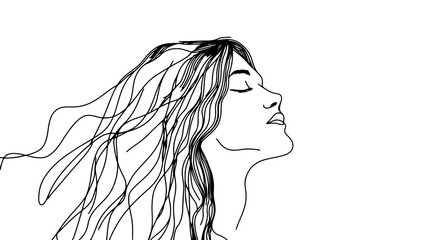 Woman face line art drawing. Long flowing hair design element. Beauty salons, wellness industry, fashion brand use. Minimalist illustration, black lines, white background