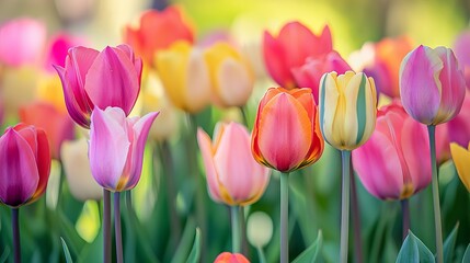 Naklejka premium Springtime transforms the fields of Oude-Tonge in Holland. Vibrant tulips burst into a rainbow of colors, creating a breathtaking spectacle.