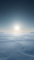 Snow covered landscape under starry sky with bright sun